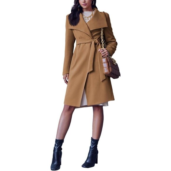 💫 Women Brown Long Collar Trench Coat Lapel Open Front Belted Pockets Jacket - Picture 5 of 5